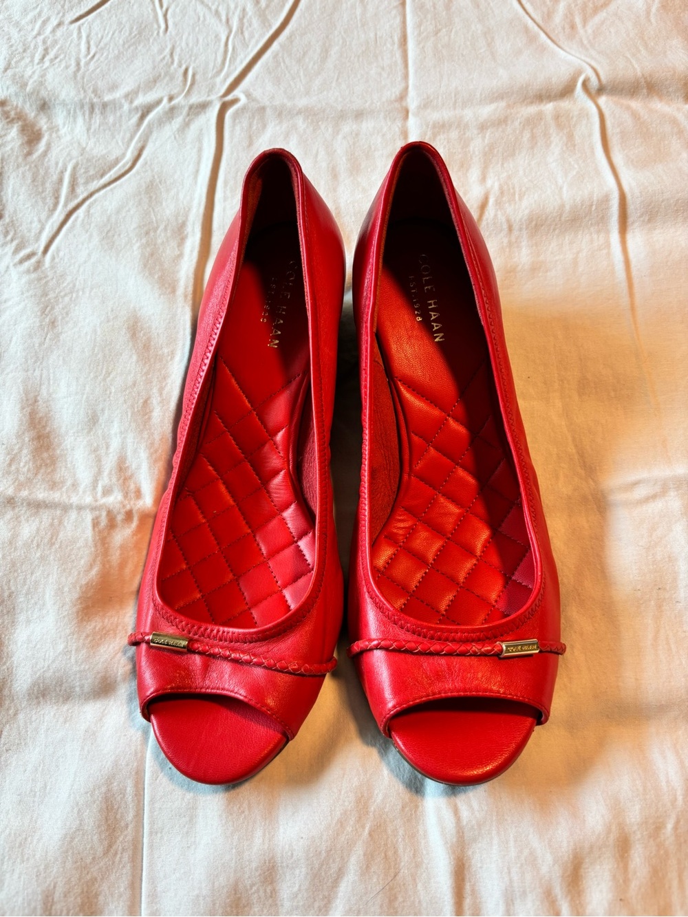 Cole Haan Red Quilted Peep-Toe Flats with Subtle Hardware